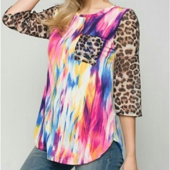 tie-dye hi-lo with cheetah chiffon sleeves - Picture 2 of 3